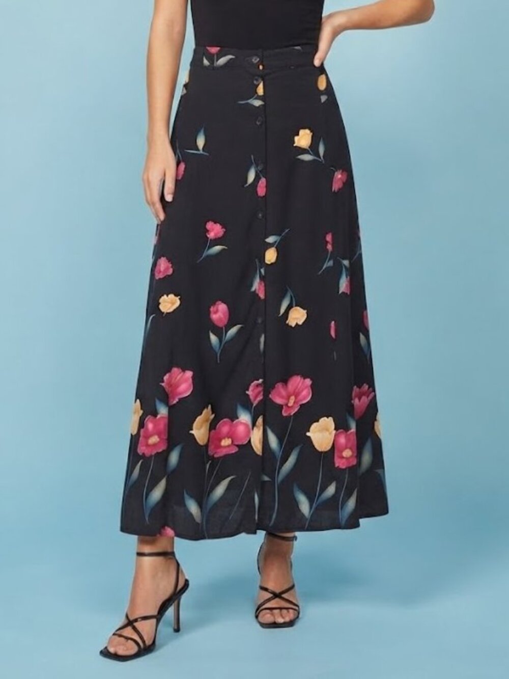 Vintage Black Floral Button-Front Maxi Skirt
